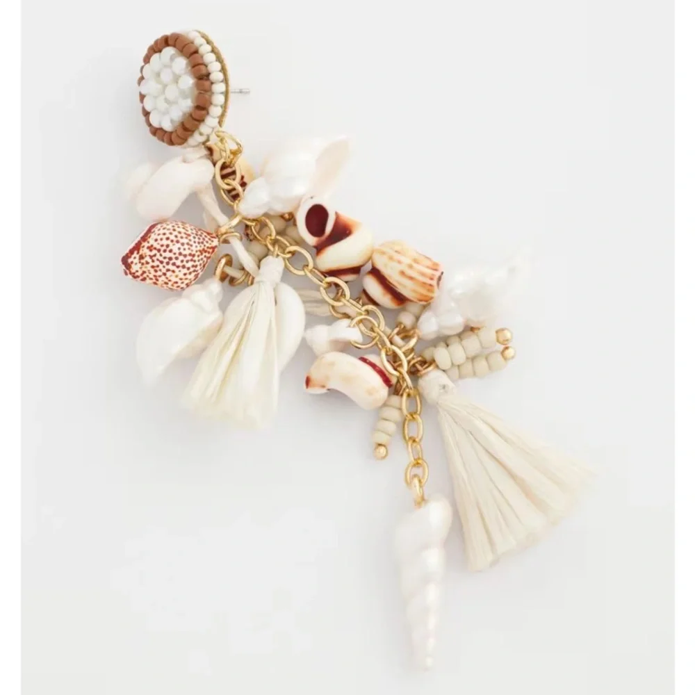 Chico’s No Droop Shell & Raffia Statement Earrings New